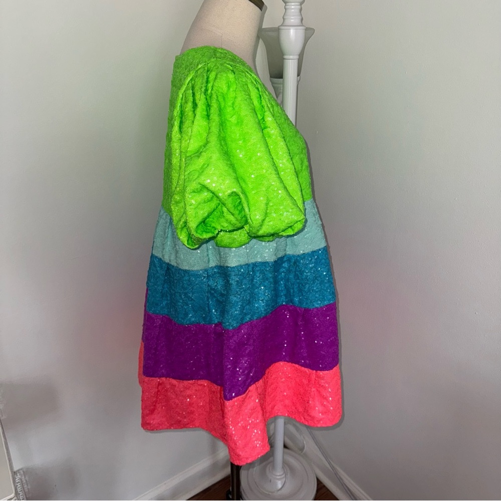 QUEEN OF SPARKLES Neon Green Aqua Blue Purple Coral Stripe Sequin Mini Dress - Picture 2 of 7